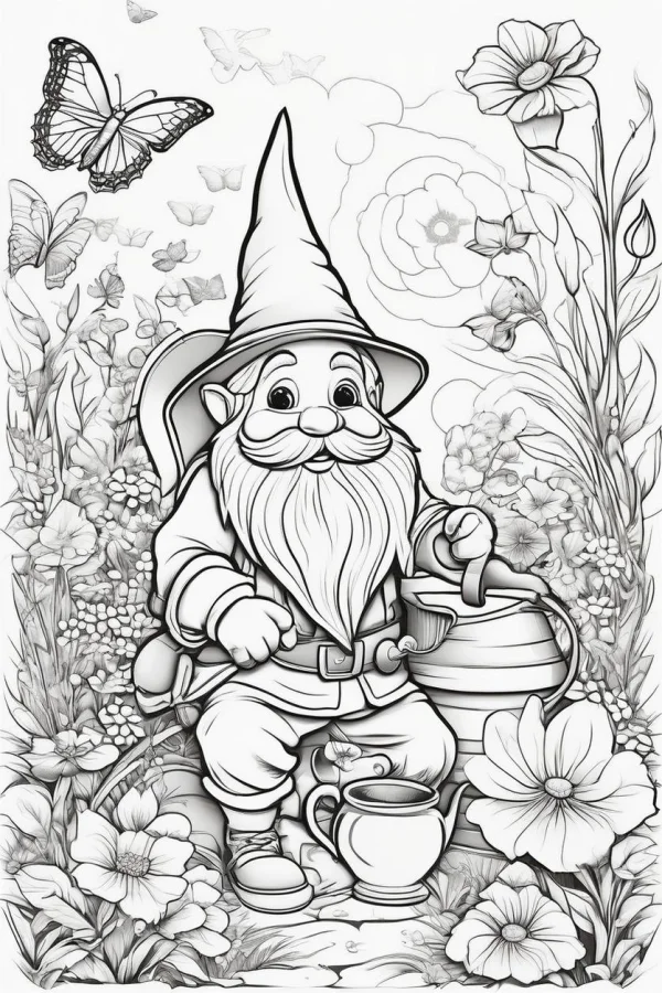 Gnome holding a watering can, cartoon style — free printable gardening coloring book page
