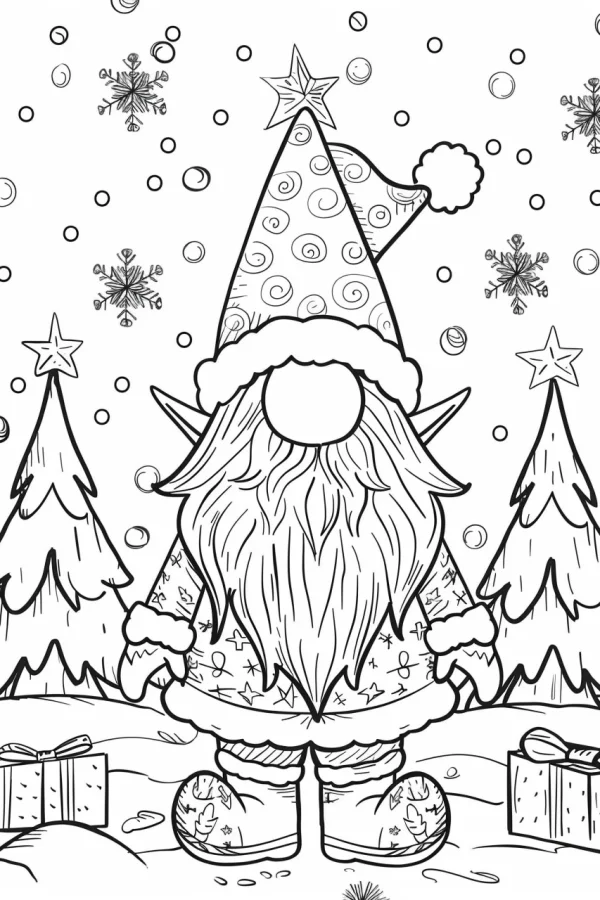 Christmas gnome with long beard, cartoon fairy tale style — free printable imagination coloring book page