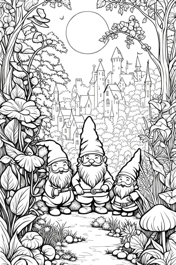 Three gnomes standing on a stone path in the forest, fairy tale castle in the background — free printable imagination coloring book page