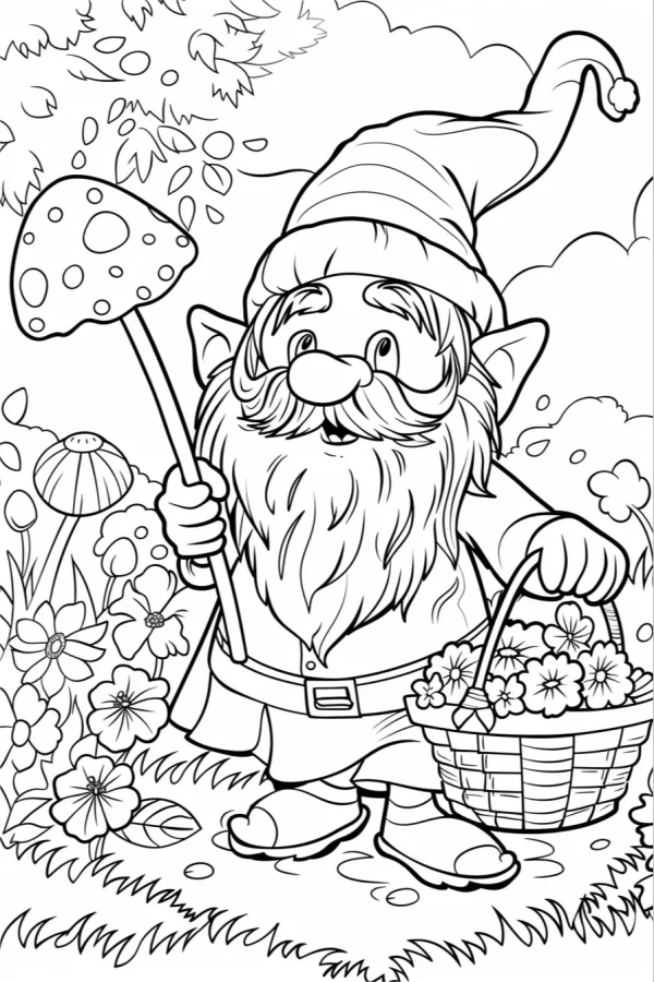 Garden gnome holding a spotted mushroom and a flower basket, cartoon style — free printable gardening coloring book page