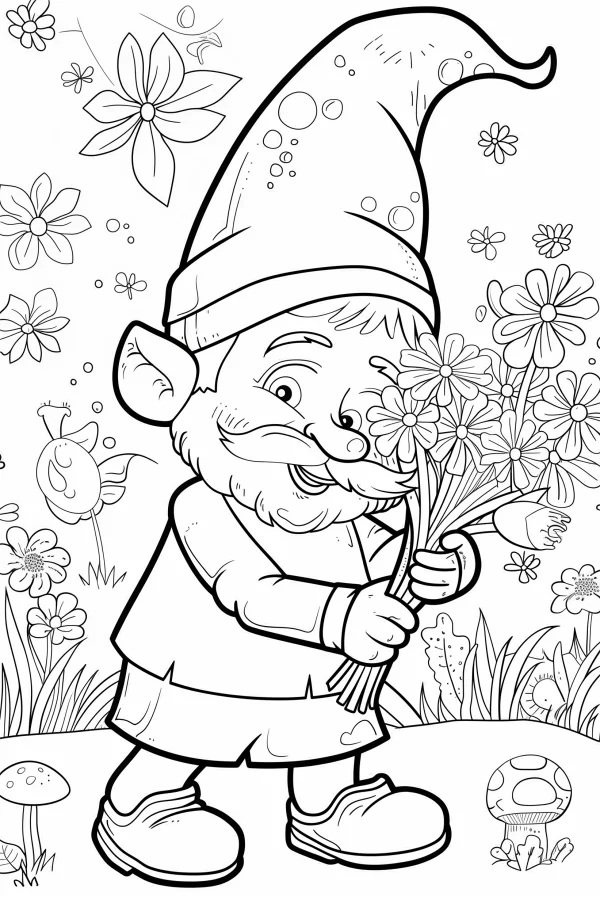 Garden gnome holding a bouquet of daisies, cartoon fairy tale style — free printable gardening coloring book page