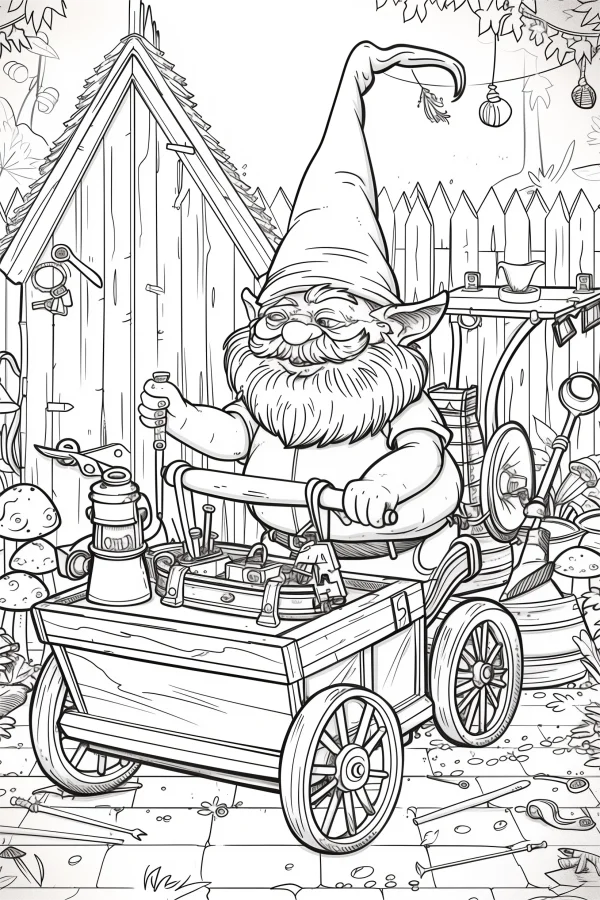 Garden gnome pushing a tool cart filled with tools, fairy tale cartoon style — free printable imagination coloring book page