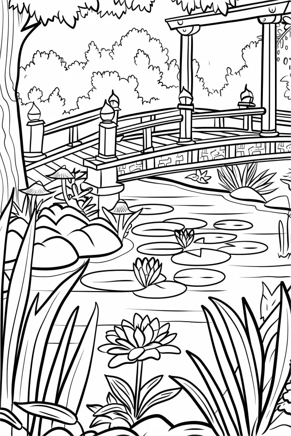 Coloring book page, japanese garden pond landscape — free printable japanese coloring book page