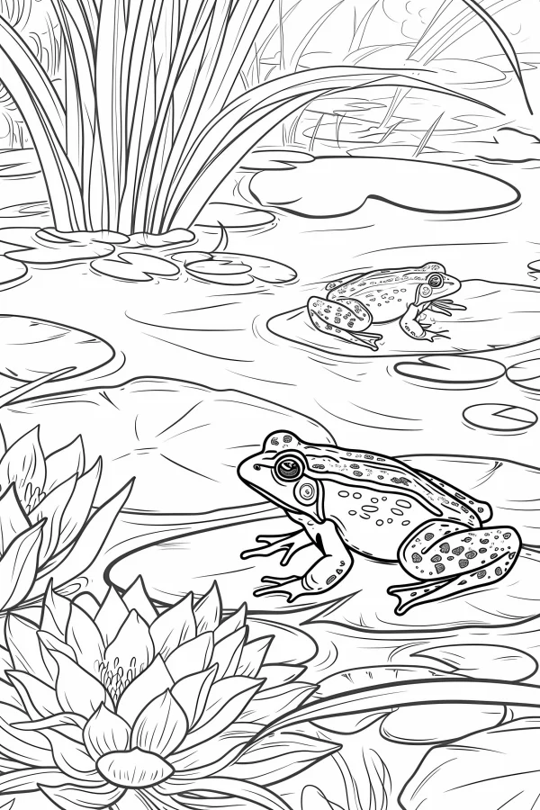 Frogs on lily pads in pond, realistic line art style — free printable nature theme coloring book page