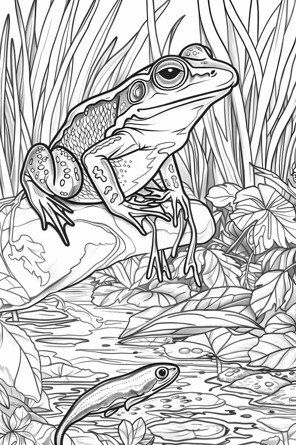 Frog sitting on rock in wetland, realistic line art style — free printable wetland coloring book page