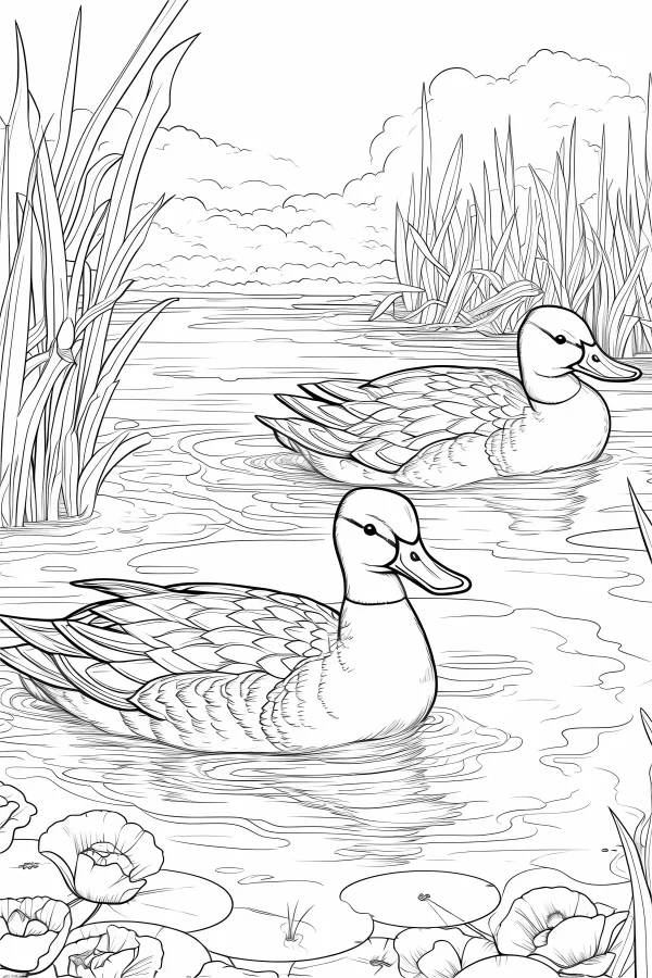 Coloring book page, two ducks swimming in wetland — free printable wetland coloring book page