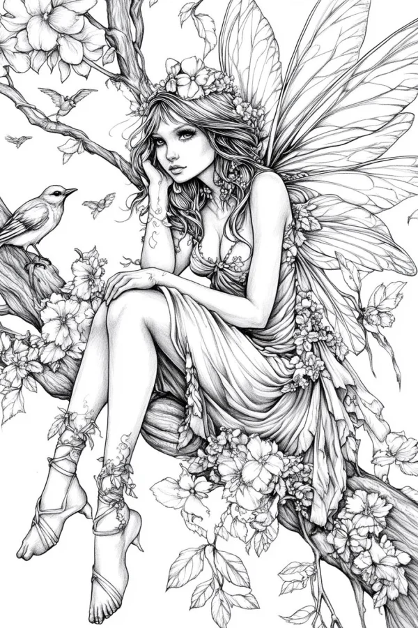 Flower fairy sitting on tree branch, fantasy realistic style — free printable imagination coloring book page
