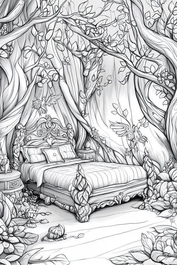 Vintage bedroom in an enchanted forest, fairy tale illustration style — free printable home coloring book page