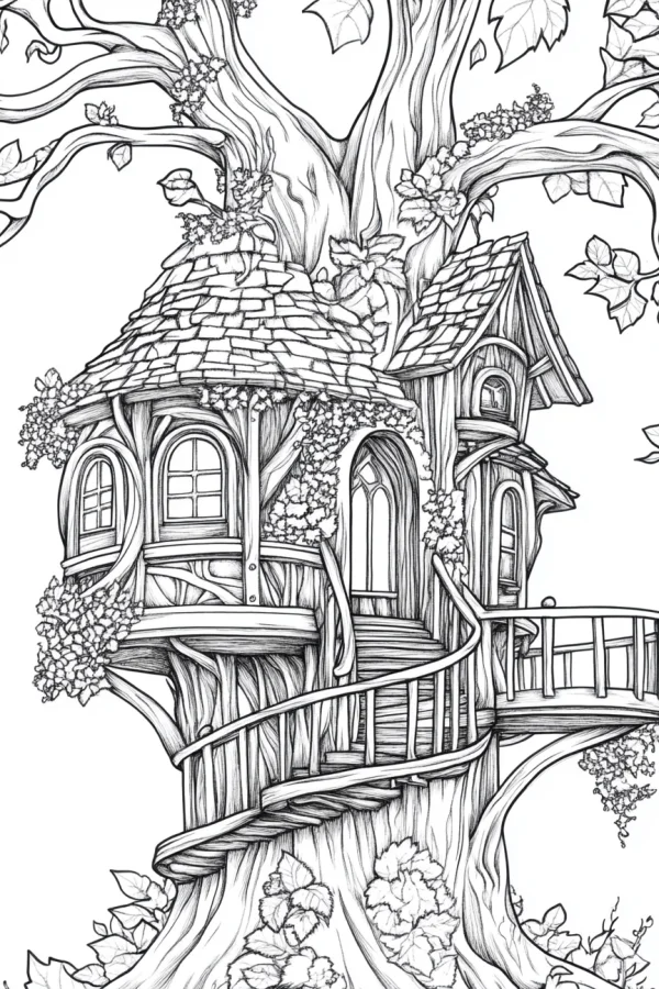 Forest treehouse on a large old tree, sketch style — free printable camping coloring book page