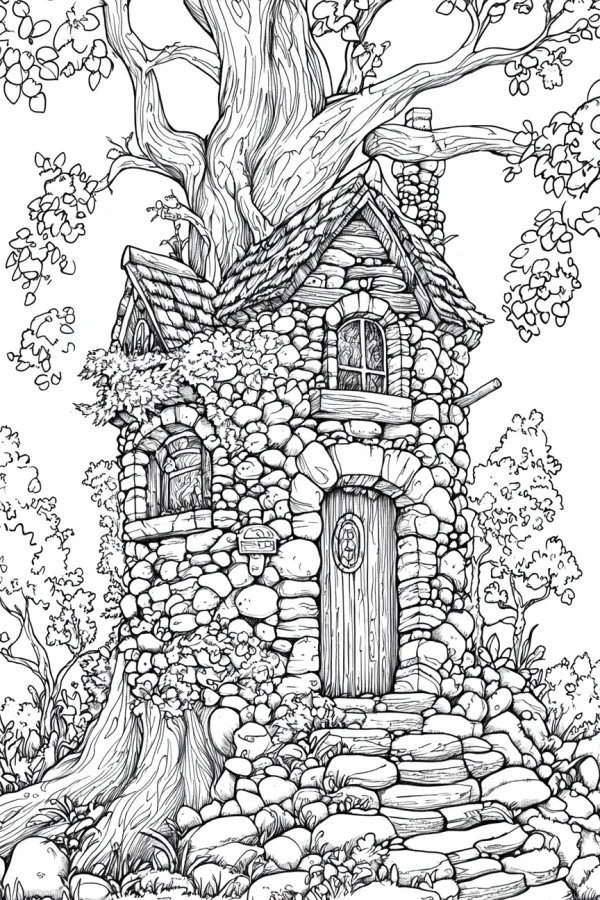 Stone tree house attached to a large tree, fairy tale style — free printable imagination coloring book page
