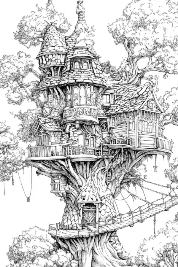 Fantasy forest treehouse, fairy tale and fantasy illustration style — free printable imagination coloring book page