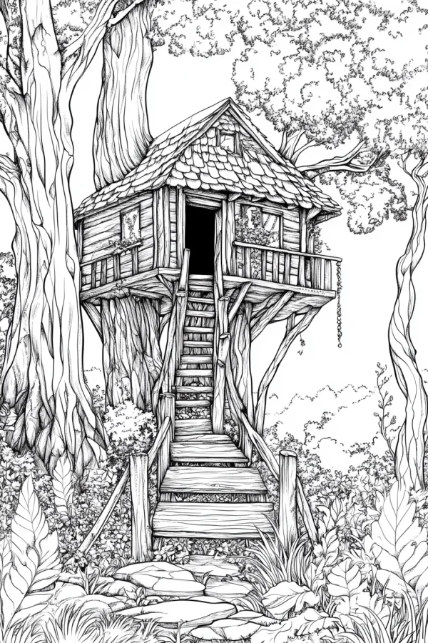 Forest treehouse in dense woodland, fine clean outlines — free printable camping coloring book page
