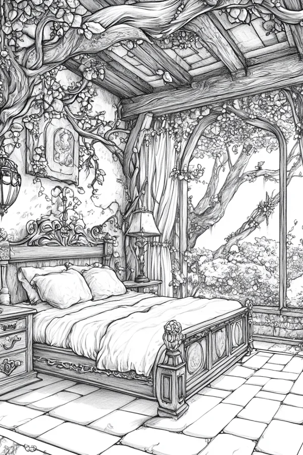 Fairy tale style forest bedroom, intricate detailed line art of a cozy bedroom with vine-covered walls — free printable home living coloring book page