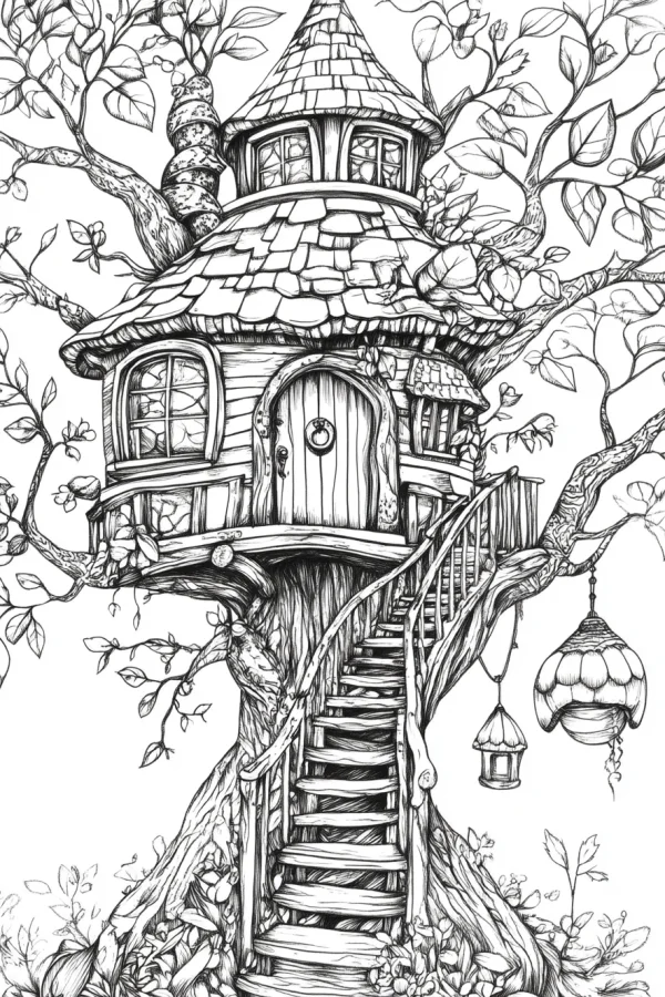Fairy tale treehouse built on a large tree, sketch style — free printable imagination coloring book page