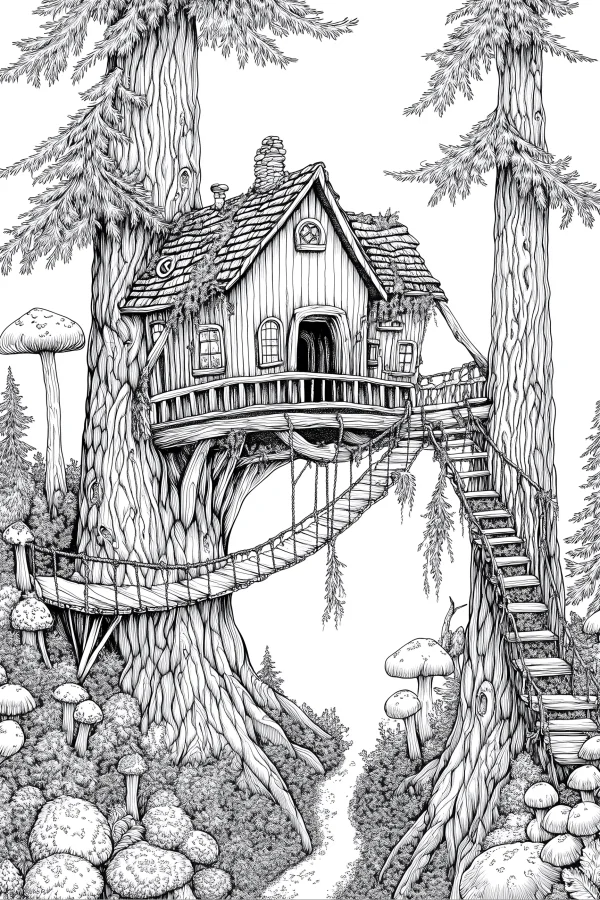 Forest treehouse between two giant conifer trees, fairy tale sketch style — free printable forest coloring book page