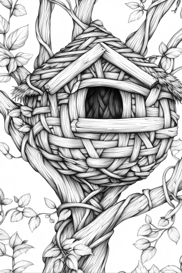 Woven tree house on tree trunk, realistic sketch style — free printable gardening coloring book page