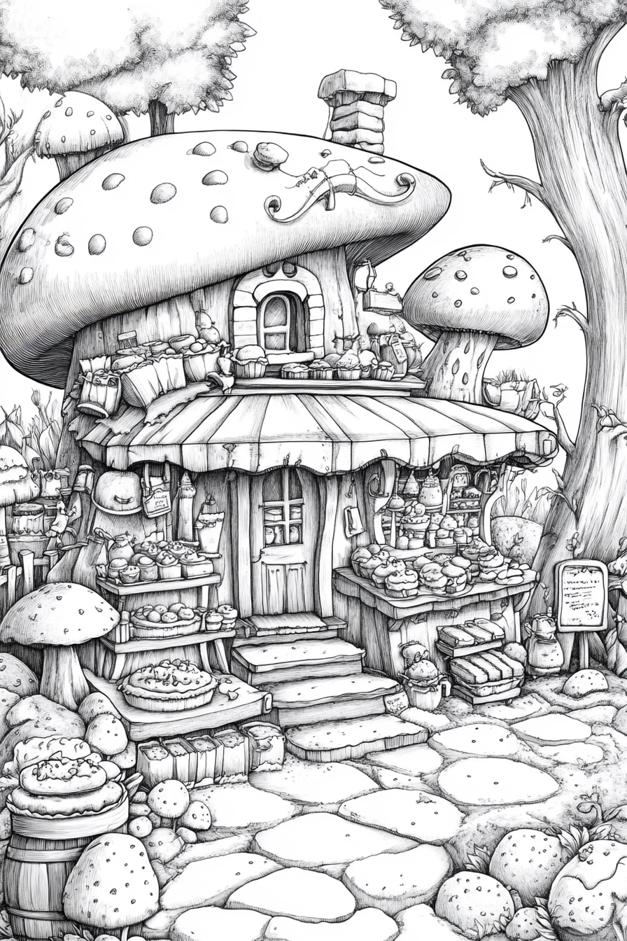 Fairy tale mushroom-shaped shop, cartoon whimsical style — cartoon style — highly detailed — line art coloring page — for kids and adults of all ages
