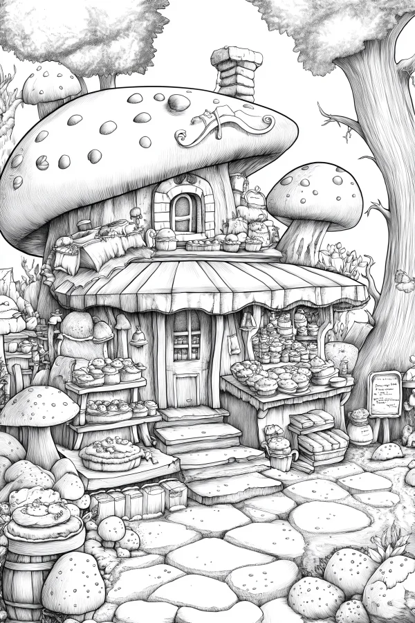 Mushroom-shaped fairy tale shop, fairy tale style — free printable life coloring book page