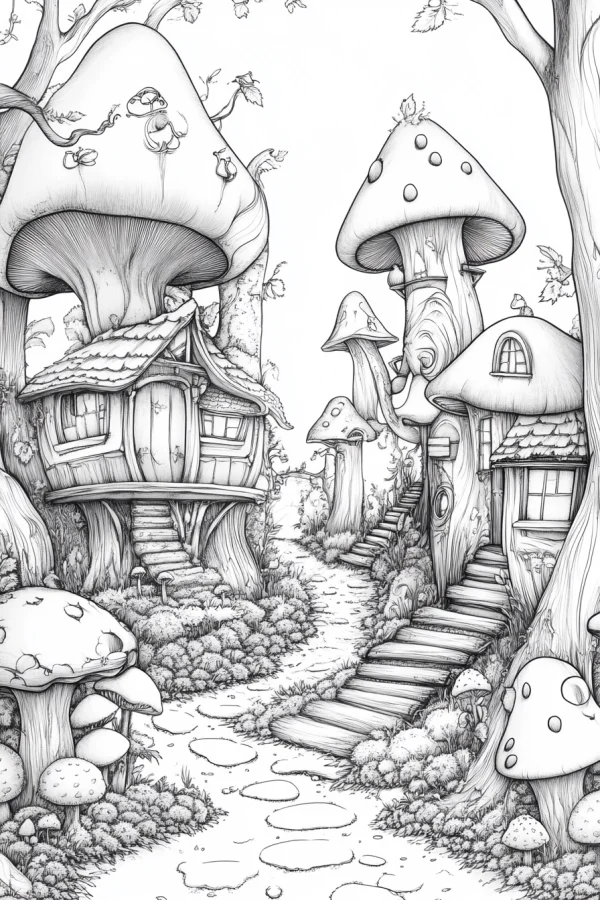 Whimsical mushroom forest cottages, fairy tale fantasy style — free printable plants coloring book page