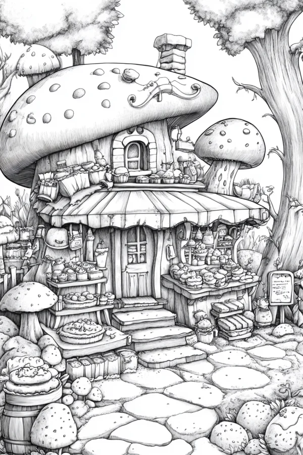 Mushroom-shaped forest shop, fairy tale illustration style — free printable life coloring book page