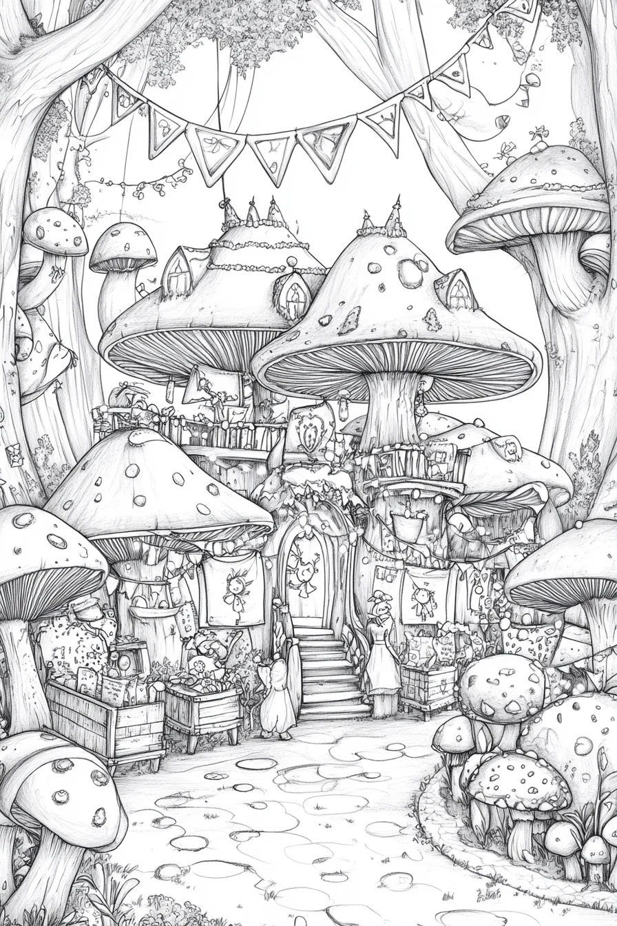 Forest mushroom house market, fairy tale cartoon style — cartoon style — highly detailed — line art coloring page — for kids and adults of all ages