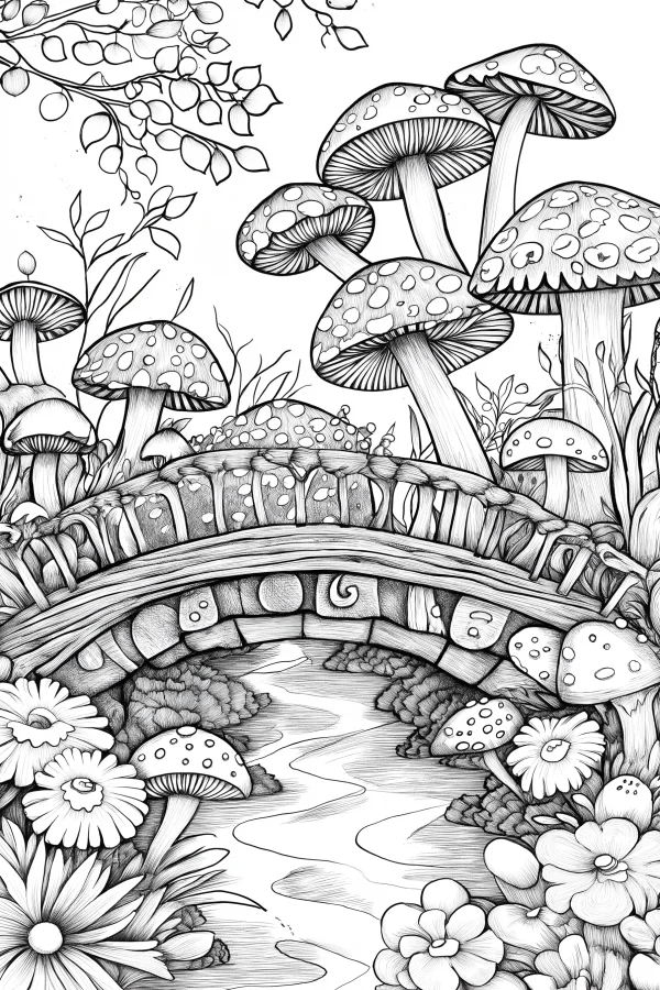 Fantasy mushroom scene with stone bridge over stream, fairy tale sketch style — free printable plants coloring book page