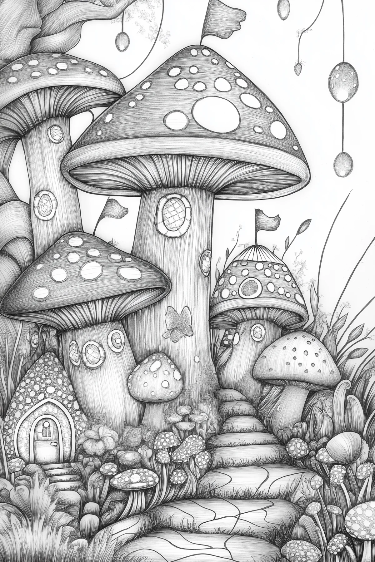 Fairy tale mushroom cottages, whimsical fantasy style — moderate detail — line art coloring page — for kids and adults of all ages