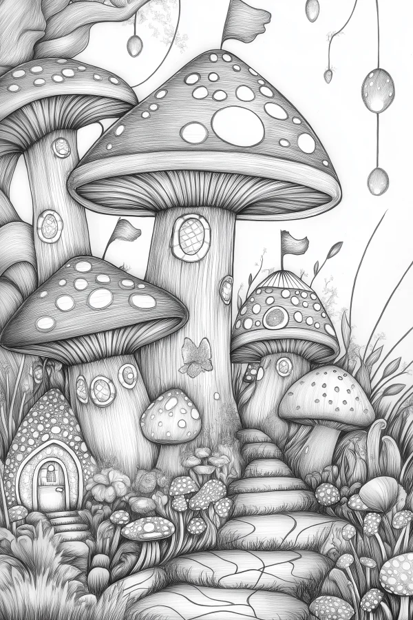 Fairy tale mushroom cottages, whimsical fantasy style — free printable imagination coloring book page