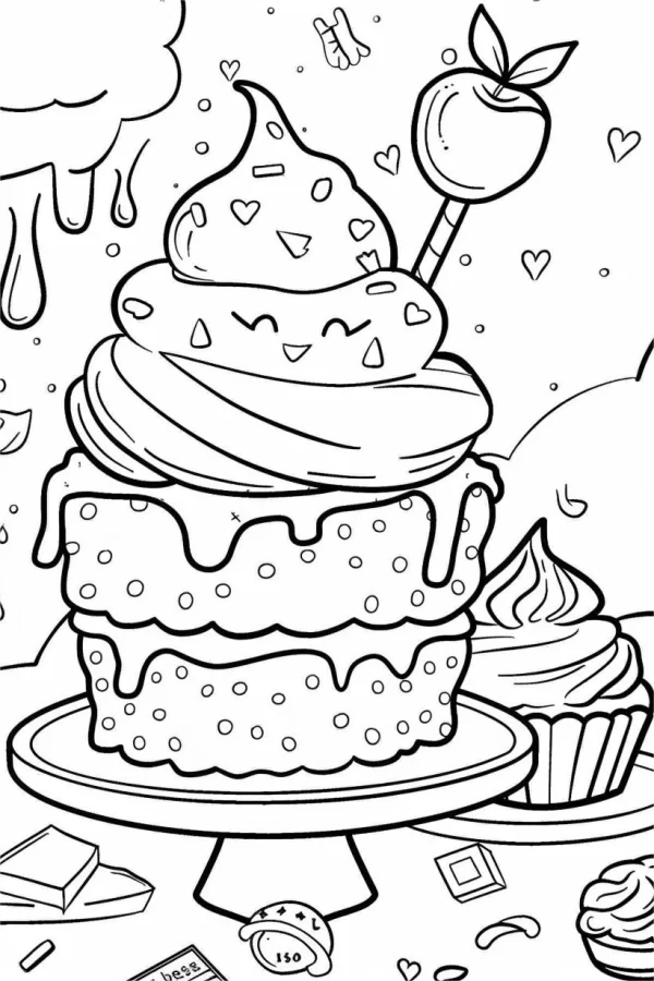 Anthropomorphic multi-layered dessert cake with cute face, cartoon style — free printable cartoon coloring book page