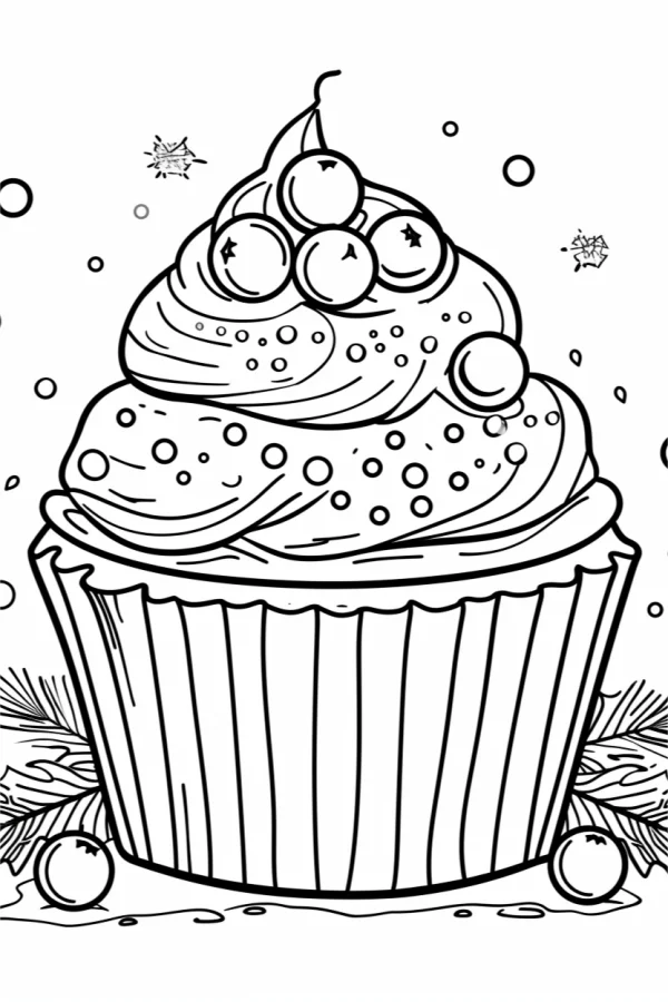 Christmas-themed cupcake with swirled cream topping and berries, cartoon style — free printable christmas coloring book page