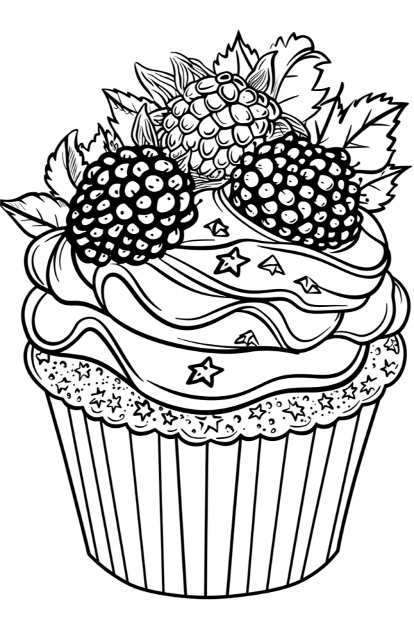 Cupcake decorated with blackberries and raspberries, cartoon style — free printable plants coloring book page