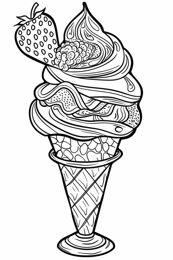 Decorated ice cream cone with strawberry and berry toppings, cartoon style — free printable plants coloring book page