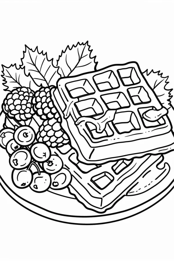 Waffles with berries and leaves on a plate, cartoon style — free printable food coloring book page