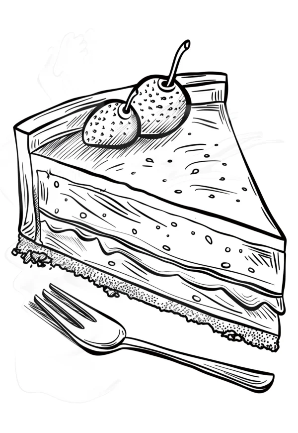 Slice of cream cake decorated with strawberries, a fork placed beside — free printable food coloring book page