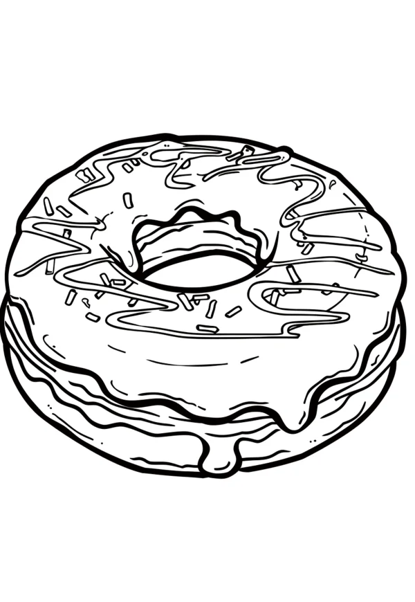 Frosted donut with sprinkles, cartoon style — free printable food coloring book page