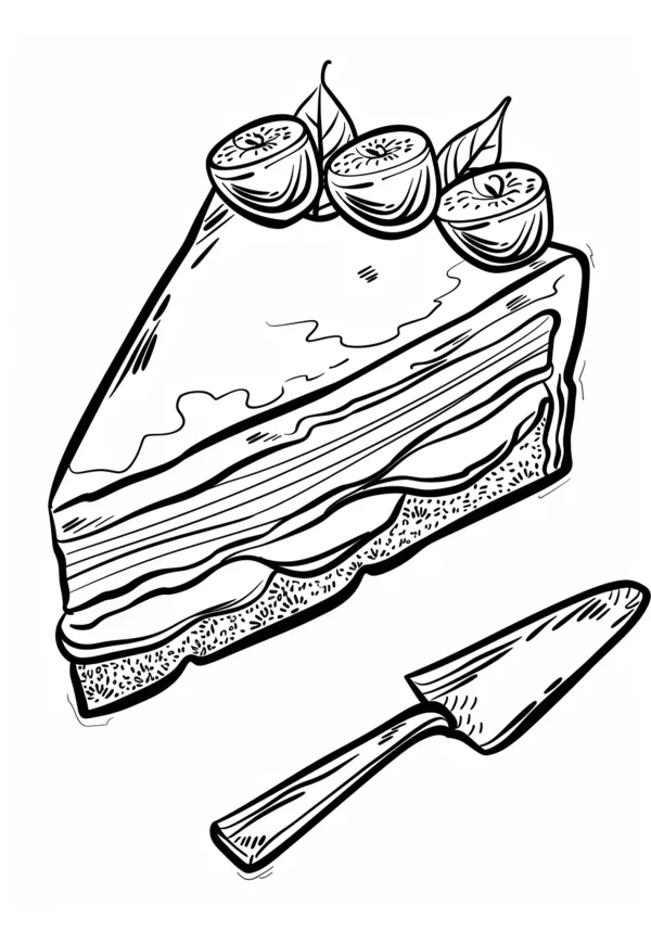 Slice of layered cake decorated with kiwi slices and leaves, accompanied by a cake server — free printable food coloring book page