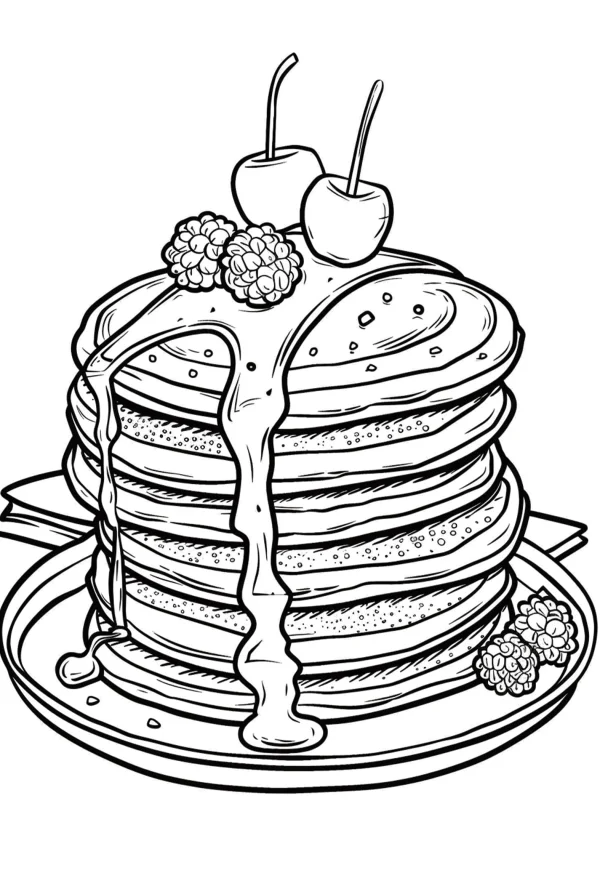Stack of pancakes with cherries and raspberries, drizzling syrup — free printable food coloring book page