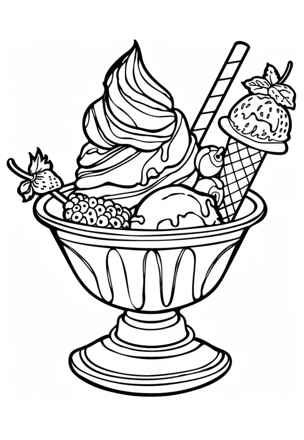 Bowl of ice cream sundae, cartoon style — free printable food coloring book page