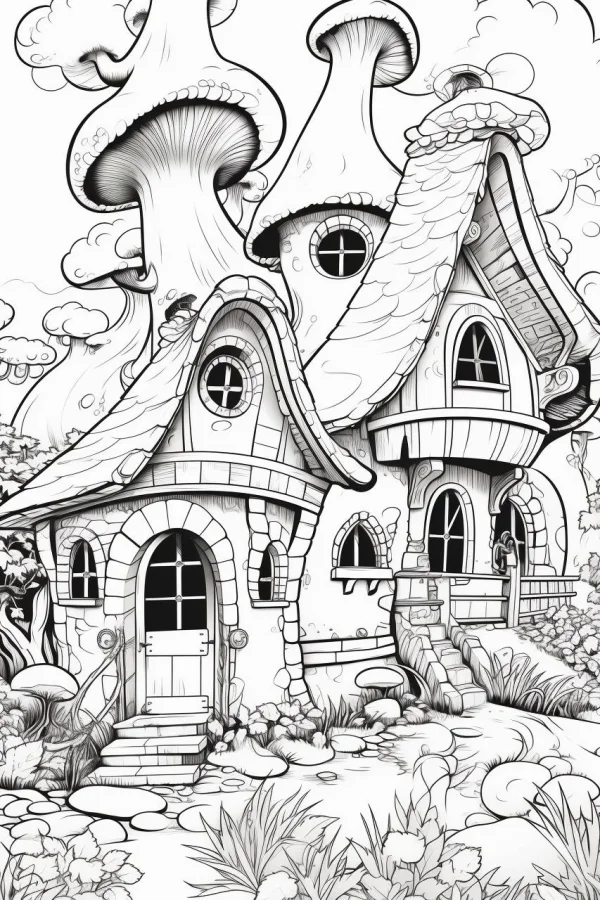 Fairy tale mushroom cottage, whimsical fairy tale style — free printable imagination coloring book page