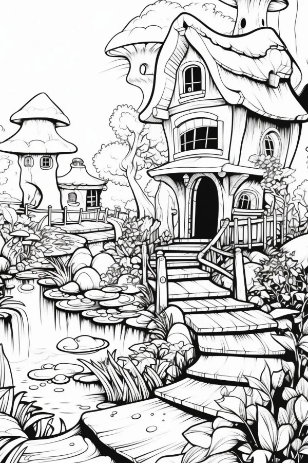 Coloring book page, fairy tale mushroom house and stream scene — free printable imagination coloring book page