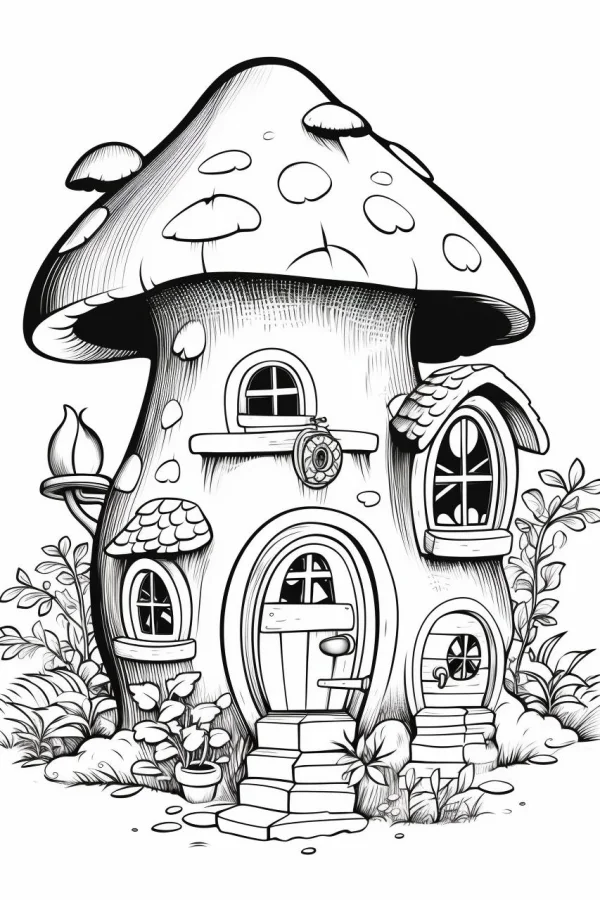 Fairy tale mushroom house, cartoon style — free printable imagination coloring book page