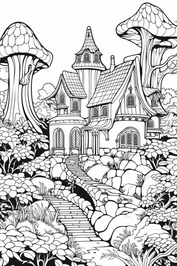 Fairy tale mushroom cottage, fantasy style — free printable imagination coloring book page