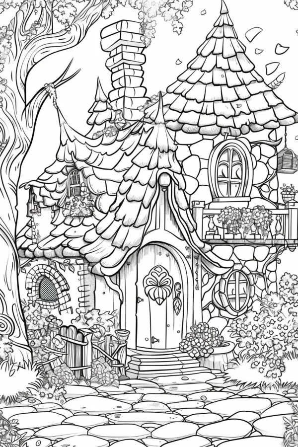 Fairy tale style stone cottage with a shingled roof, surrounded by trees — free printable cabin coloring book page