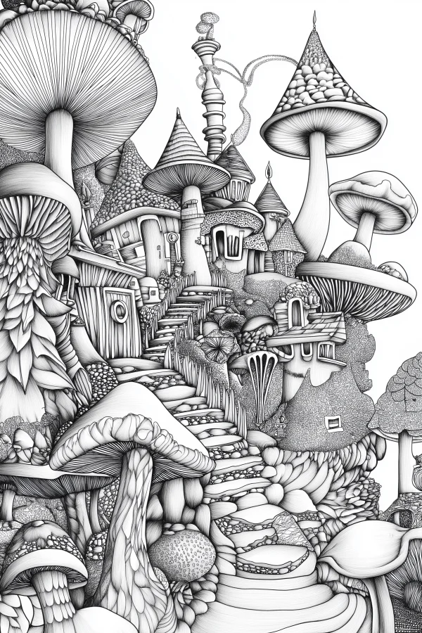 Fairy tale mushroom village with stone stairs, fantasy illustration style — free printable imagination coloring book page