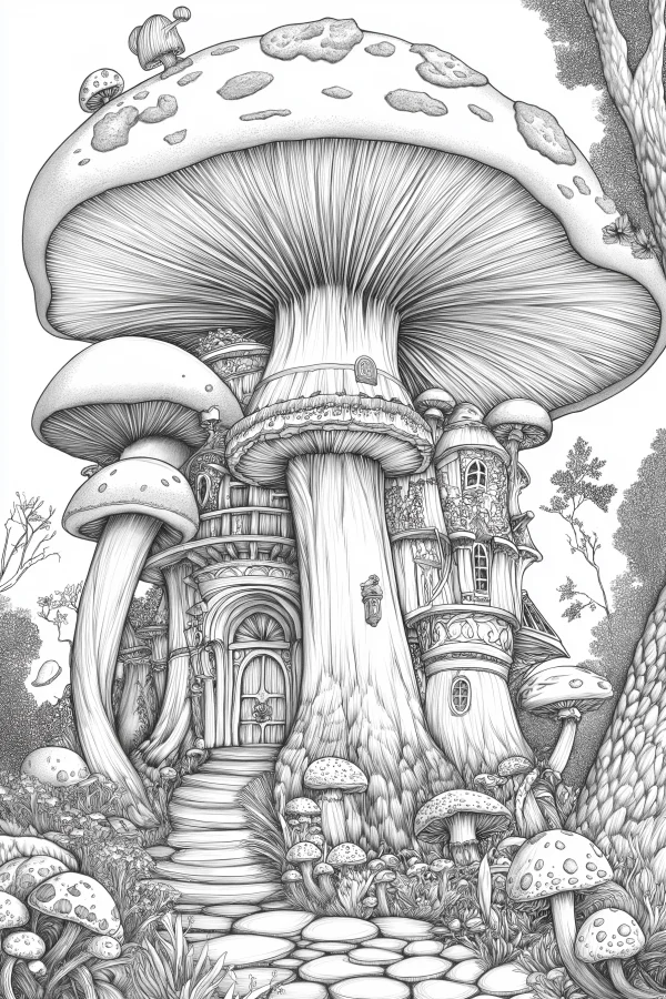 Giant mushroom house, fairy tale fantasy illustration style — free printable plants coloring book page