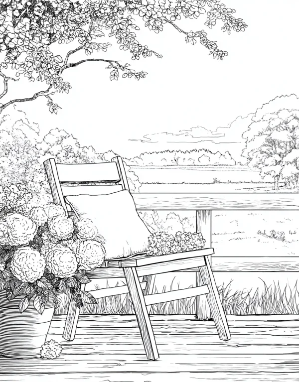 Wooden chair with cushion and hydrangeas on a rural porch, realistic sketch style — free printable leisure coloring book page