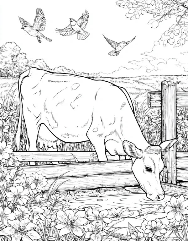 Cow drinking water at a puddle, realistic illustration style — free printable country life coloring book page