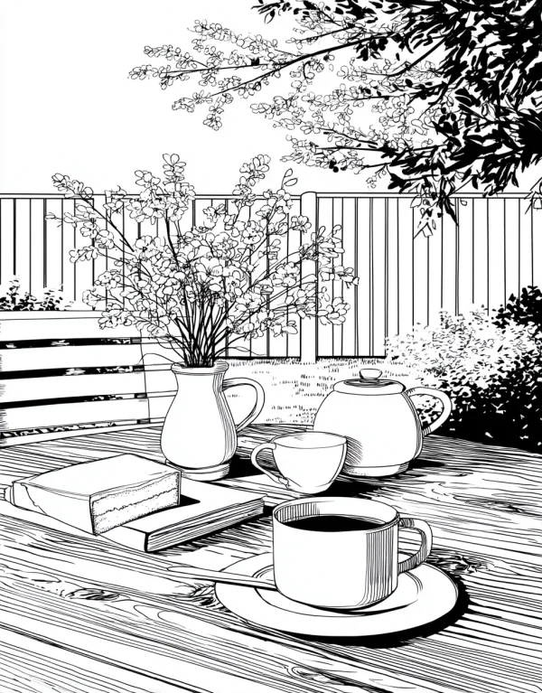 Outdoor afternoon tea set including teapot, cups — free printable life coloring book page