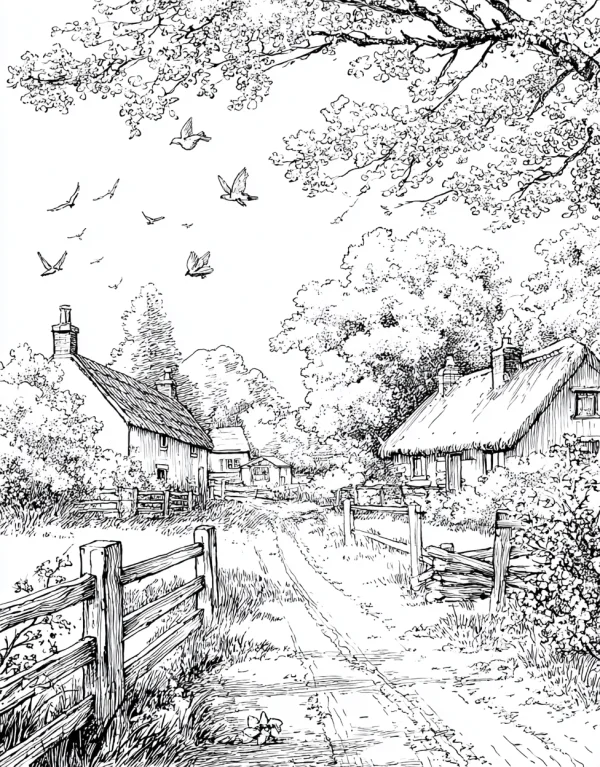 Country path with thatched cottages, realistic sketch style — free printable country life coloring book page