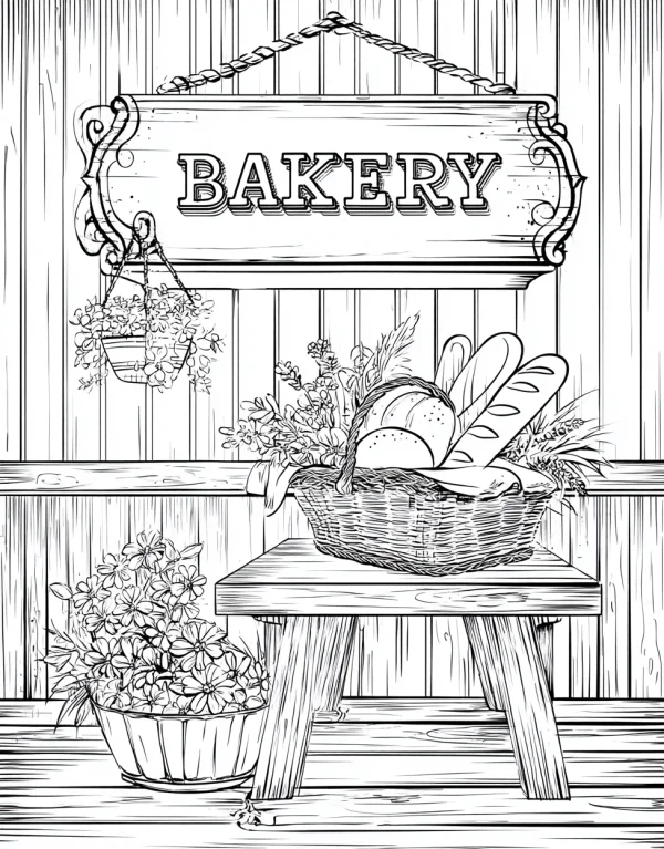 Bakery sign with bread basket on wooden stool, realistic line art style — free printable food coloring book page